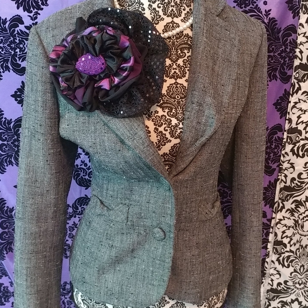 Purple and black asymmetrical handmade flower pin